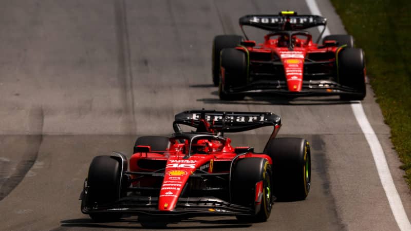 Charles Leclerc leads Carlos Sainz in 2023 Canadian Grand Prix