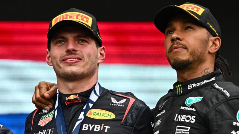 Lewis Hamilton and Max Verstappen on podium at 2023 Canadian GP